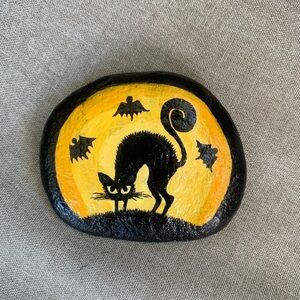 Black Cat & Bats Moon Hand Painted River Rock Acrylic Paint Silhouette Halloween